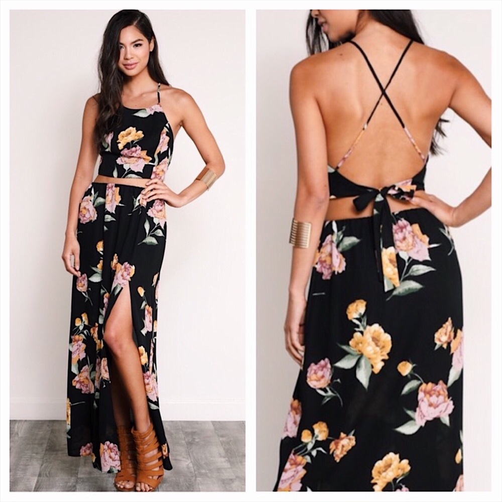 Floral Black Crop Top + Maxi Skirt Set, Side Slits - Picture 2 of 6